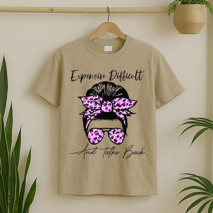 Expensive Difficult And Talks Back Messy Bun Leopard Pattern T-Shirt
