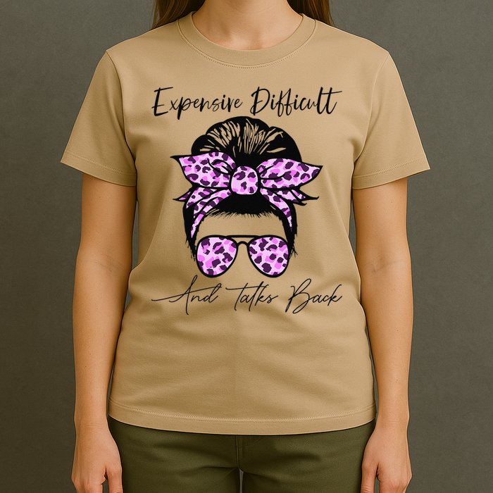 Expensive Difficult And Talks Back Messy Bun Leopard Pattern T-Shirt