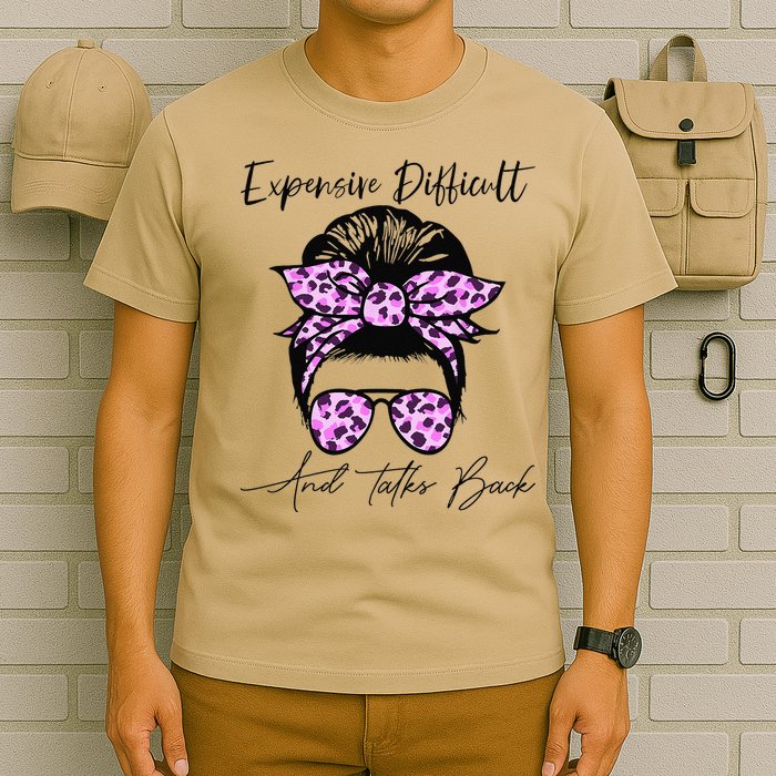 Expensive Difficult And Talks Back Messy Bun Leopard Pattern T-Shirt