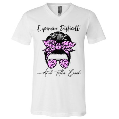 Expensive Difficult And Talks Back Messy Bun Leopard Pattern V-Neck T-Shirt