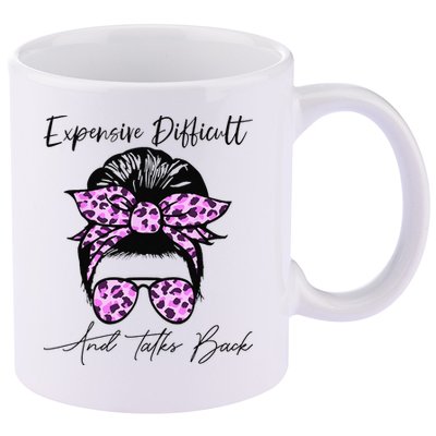 Expensive Difficult And Talks Back Messy Bun Leopard Pattern 11oz C Handle Ceramic Mug