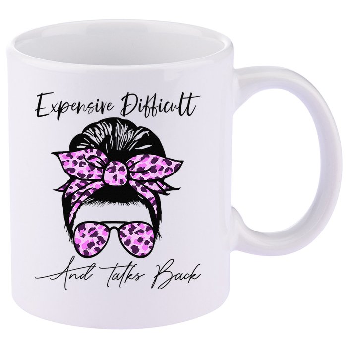 Expensive Difficult And Talks Back Messy Bun Leopard Pattern 11oz C Handle Ceramic Mug