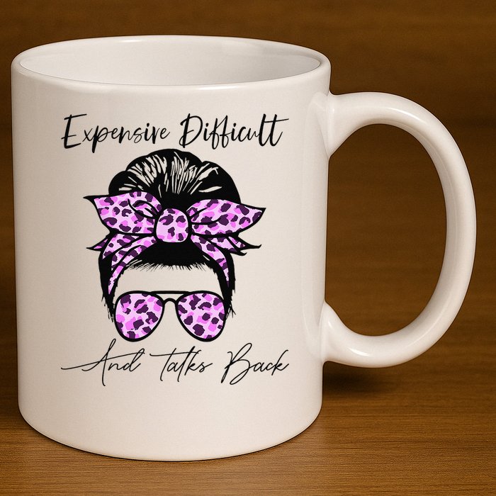 Expensive Difficult And Talks Back Messy Bun Leopard Pattern 11oz C Handle Ceramic Mug