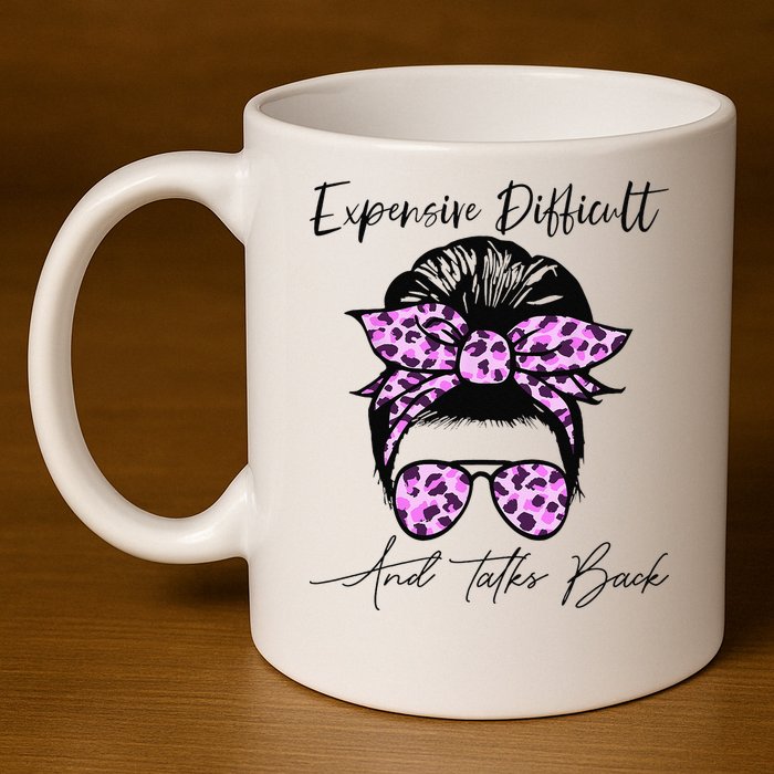 Expensive Difficult And Talks Back Messy Bun Leopard Pattern 11oz C Handle Ceramic Mug
