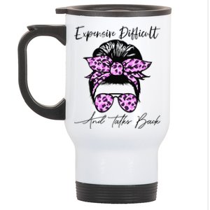 Expensive Difficult And Talks Back Messy Bun Leopard Pattern Stainless Steel Travel Mug