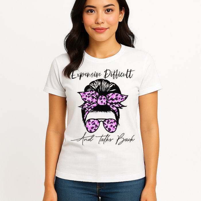 Expensive Difficult And Talks Back Messy Bun Leopard Pattern Womens T-Shirt