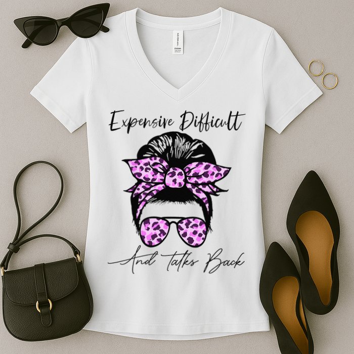 Expensive Difficult And Talks Back Messy Bun Leopard Pattern Women's V-Neck T-Shirt