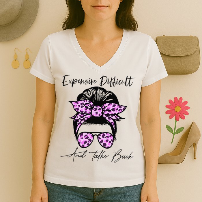 Expensive Difficult And Talks Back Messy Bun Leopard Pattern Women's V-Neck T-Shirt