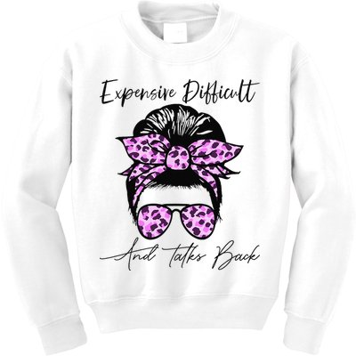 Expensive Difficult And Talks Back Messy Bun Leopard Pattern Kids Sweatshirt