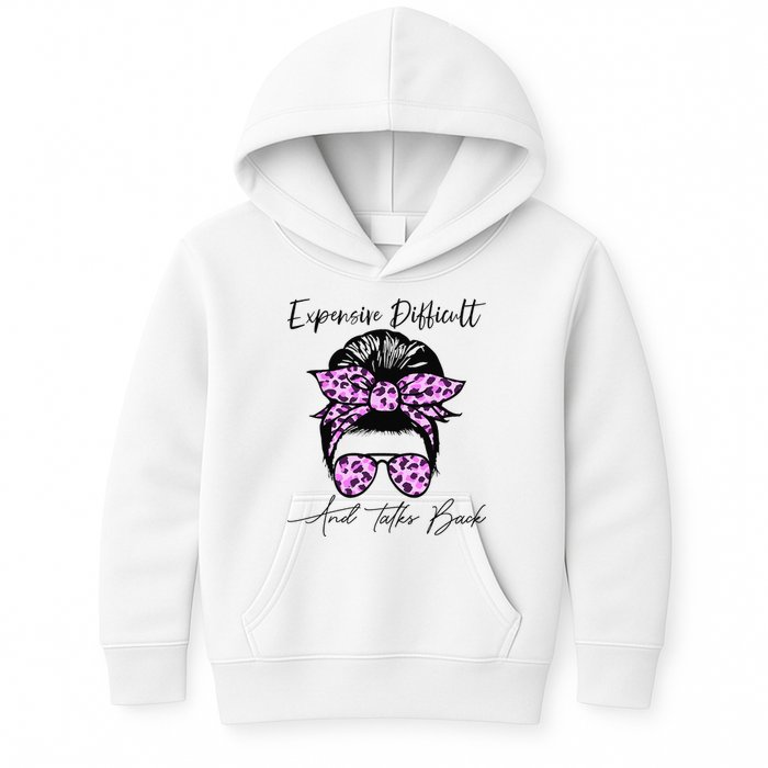 Expensive Difficult And Talks Back Messy Bun Leopard Pattern Kids Hoodie