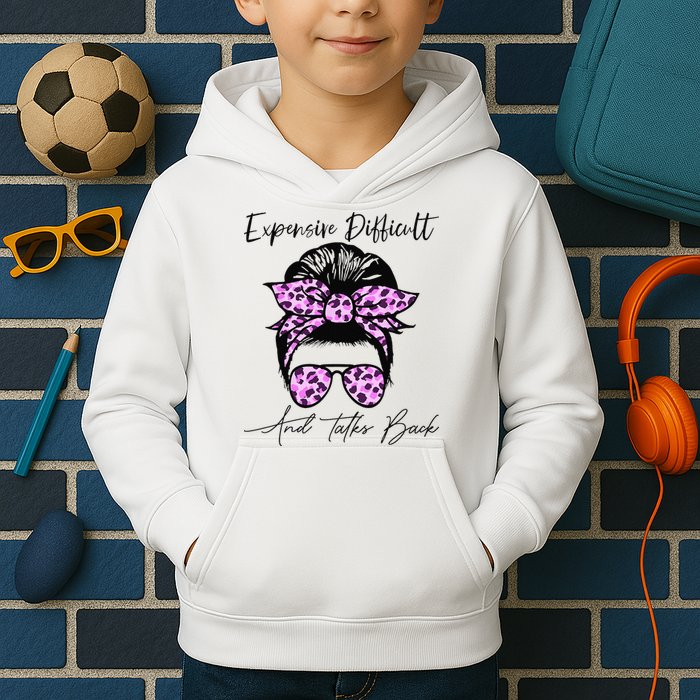 Expensive Difficult And Talks Back Messy Bun Leopard Pattern Kids Hoodie