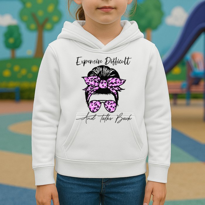 Expensive Difficult And Talks Back Messy Bun Leopard Pattern Kids Hoodie