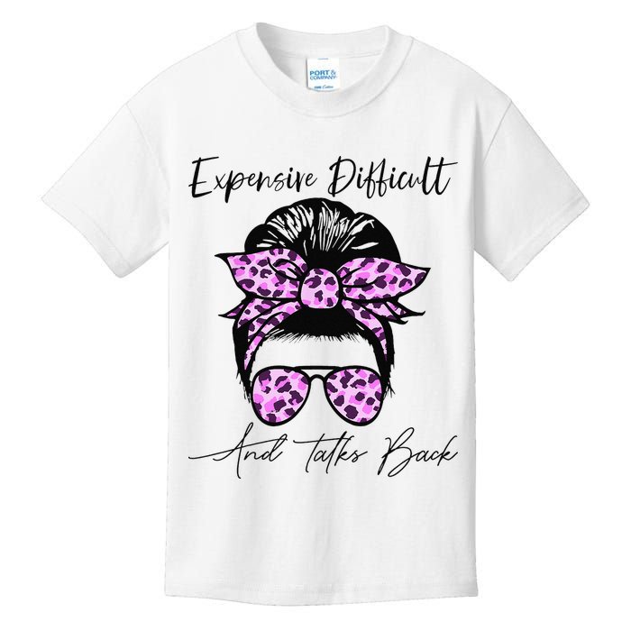 Expensive Difficult And Talks Back Messy Bun Leopard Pattern Kids T-Shirt