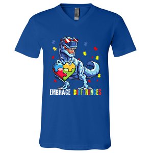 Embrace Differences Asd Spectrum Dinosaur Autism Awareness Gift V-Neck T-Shirt