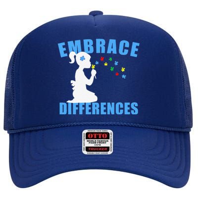 Embrace Differences Autism Awareness Cute High Crown Mesh Back Trucker Hat