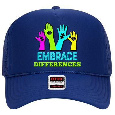 Embrace Differences Autism Awareness High Crown Mesh Back Trucker Hat