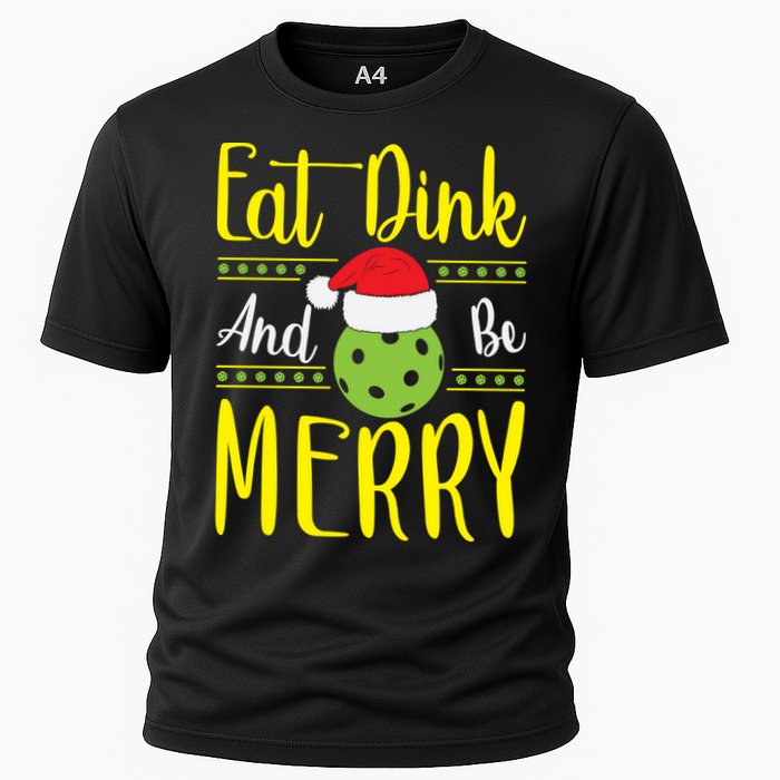 Eat Dink And Be Merry Pickleball Christmas Santa Hat Cooling Performance Crew T-Shirt