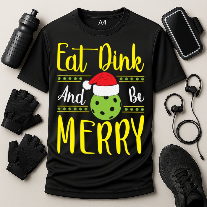 Eat Dink And Be Merry Pickleball Christmas Santa Hat Cooling Performance Crew T-Shirt