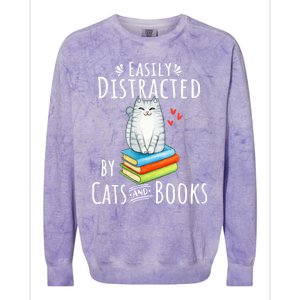 Easily Distracted By Cats And Books Funny Cat & Book Lover Colorblast Crewneck Sweatshirt