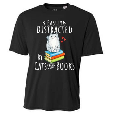 Easily Distracted By Cats And Books Funny Cat & Book Lover Cooling Performance Crew T-Shirt