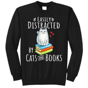 Easily Distracted By Cats And Books Funny Cat & Book Lover Sweatshirt