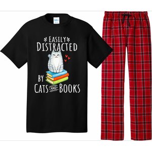 Easily Distracted By Cats And Books Funny Cat & Book Lover Pajama Set