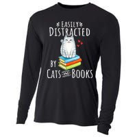 Easily Distracted By Cats And Books Funny Cat & Book Lover Cooling Performance Long Sleeve Crew