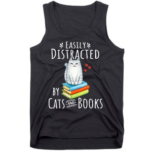 Easily Distracted By Cats And Books Funny Cat & Book Lover Tank Top