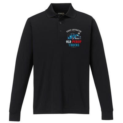 Easily Distracted By Old Pickup Trucks Quote Trucker Driver Performance Long Sleeve Polo