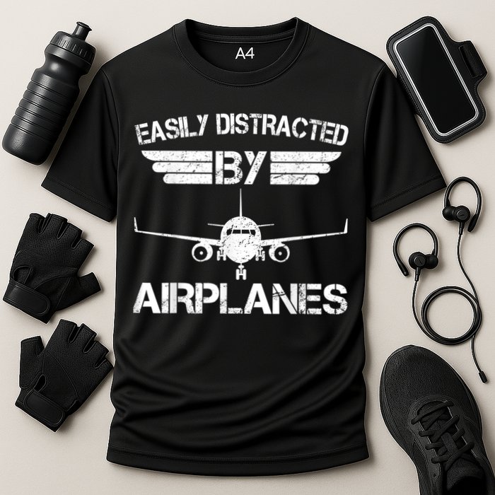 Easily Distracted By Airplanes Aviation Pilot Airplane Lover Performance Shirt