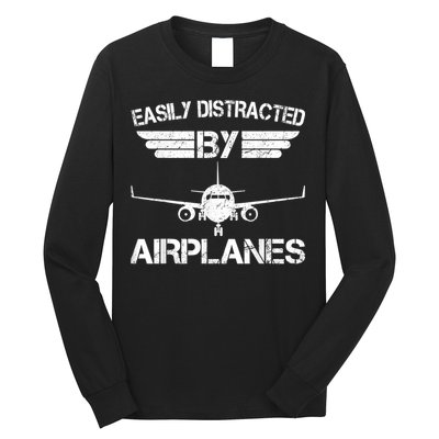 Easily Distracted By Airplanes Aviation Pilot Airplane Lover Long Sleeve Shirt