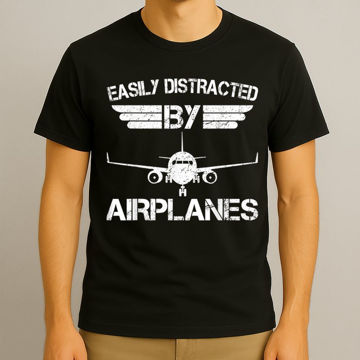 Easily Distracted By Airplanes Aviation Pilot Airplane Lover T-Shirt