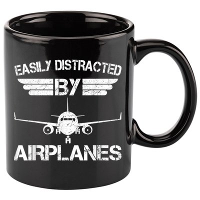 Easily Distracted By Airplanes Aviation Pilot Airplane Lover 11oz C Handle Ceramic Mug