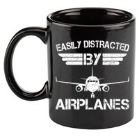 Easily Distracted By Airplanes Aviation Pilot Airplane Lover 11oz C Handle Ceramic Mug