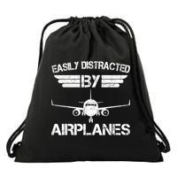 Easily Distracted By Airplanes Aviation Pilot Airplane Lover Drawstring Bag