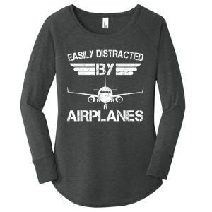 Easily Distracted By Airplanes Aviation Pilot Airplane Lover Women's Perfect Tri Tunic Long Sleeve Shirt