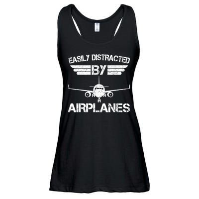 Easily Distracted By Airplanes Aviation Pilot Airplane Lover Ladies Essential Flowy Tank