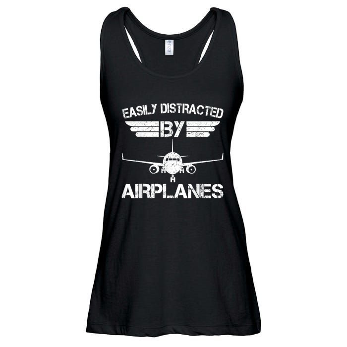 Easily Distracted By Airplanes Aviation Pilot Airplane Lover Ladies Essential Flowy Tank