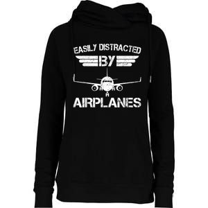 Easily Distracted By Airplanes Aviation Pilot Airplane Lover Womens Funnel Neck Pullover Hood