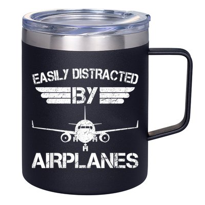 Easily Distracted By Airplanes Aviation Pilot Airplane Lover 12oz Stainless Steel Coffee Mug