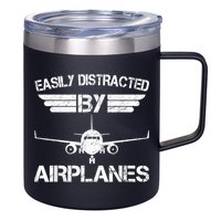 Easily Distracted By Airplanes Aviation Pilot Airplane Lover 12oz Stainless Steel Coffee Mug