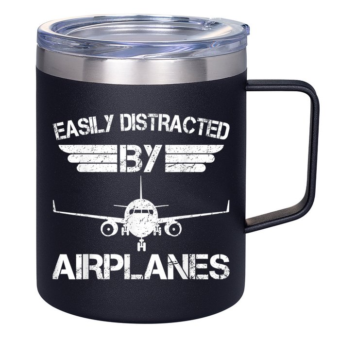 Easily Distracted By Airplanes Aviation Pilot Airplane Lover 12oz Stainless Steel Coffee Mug