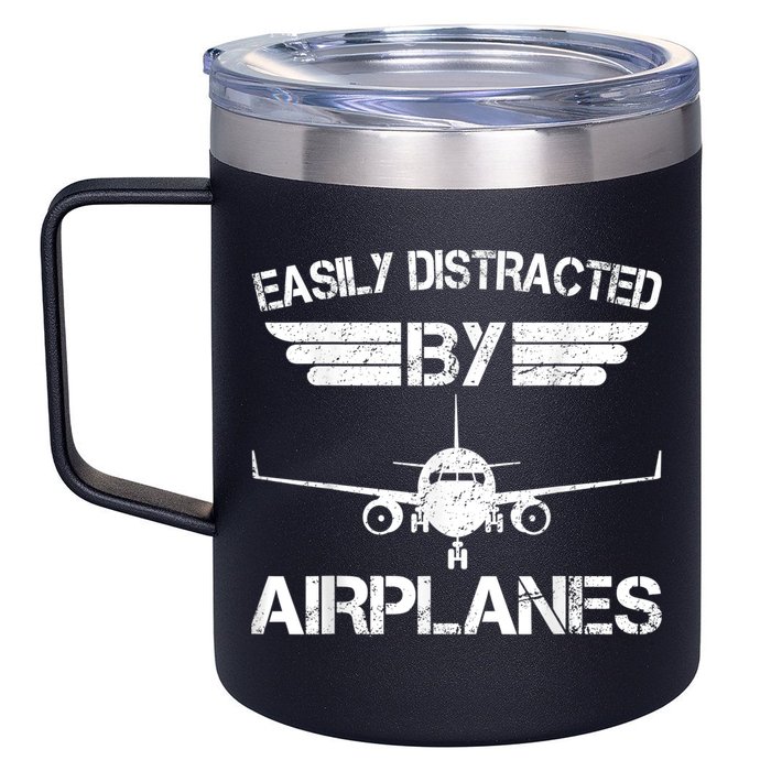 Easily Distracted By Airplanes Aviation Pilot Airplane Lover 12oz Stainless Steel Coffee Mug