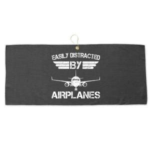 Easily Distracted By Airplanes Aviation Pilot Airplane Lover Large Microfiber Waffle Golf Towel