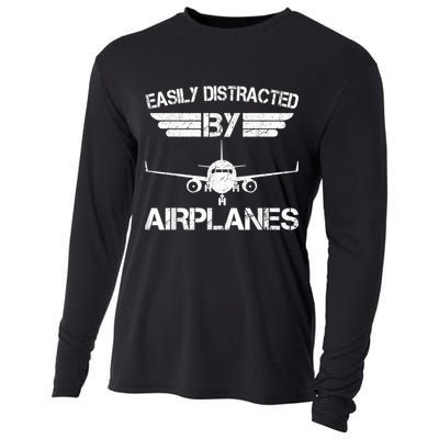 Easily Distracted By Airplanes Aviation Pilot Airplane Lover Cooling Performance Long Sleeve Crew
