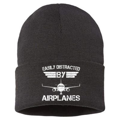 Easily Distracted By Airplanes Aviation Pilot Airplane Lover Sustainable Knit Beanie