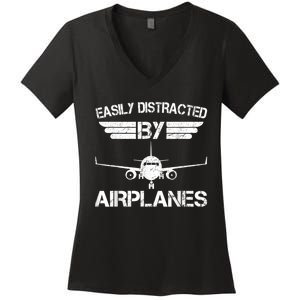 Easily Distracted By Airplanes Aviation Pilot Airplane Lover Women's V-Neck T-Shirt