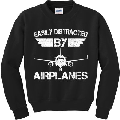 Easily Distracted By Airplanes Aviation Pilot Airplane Lover Kids Sweatshirt