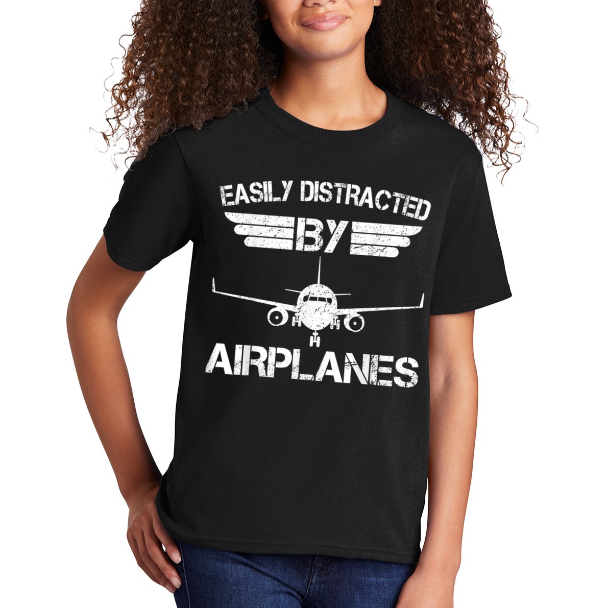 Easily Distracted By Airplanes Aviation Pilot Airplane Lover Kids T-Shirt