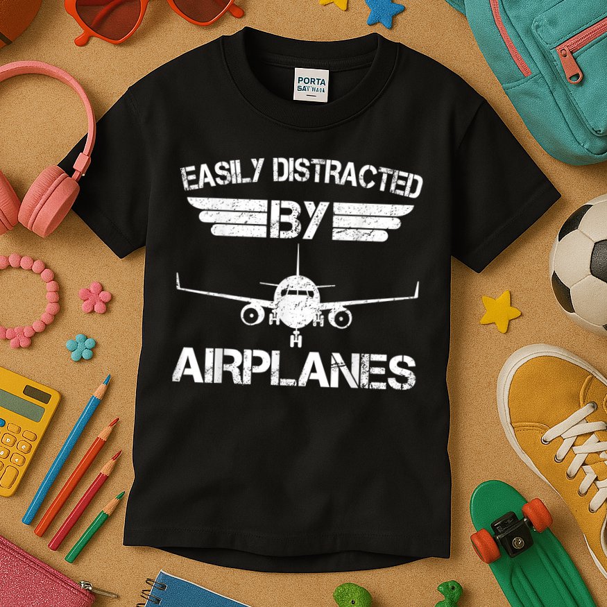 Easily Distracted By Airplanes Aviation Pilot Airplane Lover Kids T-Shirt